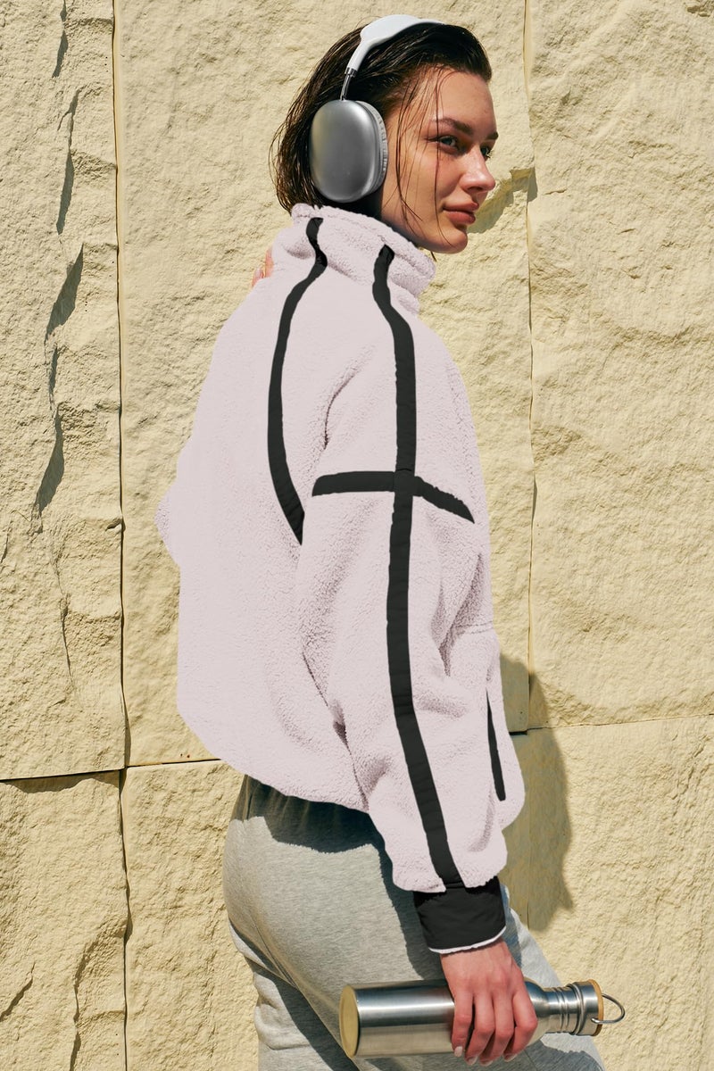 Panadila Womens Half Zip Sherpa Fleece Pullover Soft Oversized Sweatshirt with Pockets Warm Fuzzy Sweater (White,XL) - Image 5