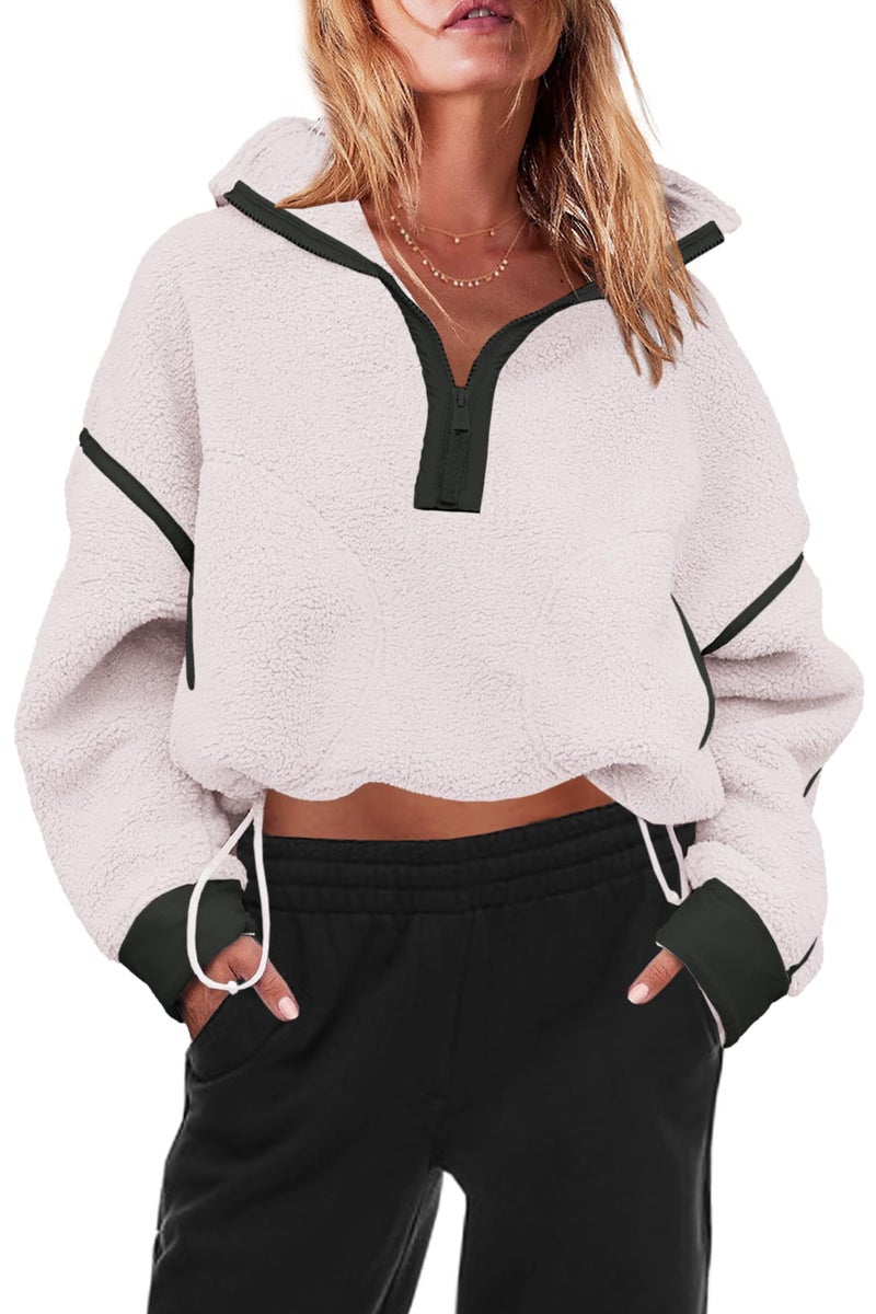 Panadila Womens Half Zip Sherpa Fleece Pullover Soft Oversized Sweatshirt with Pockets Warm Fuzzy Sweater (White,XL) - Image 2