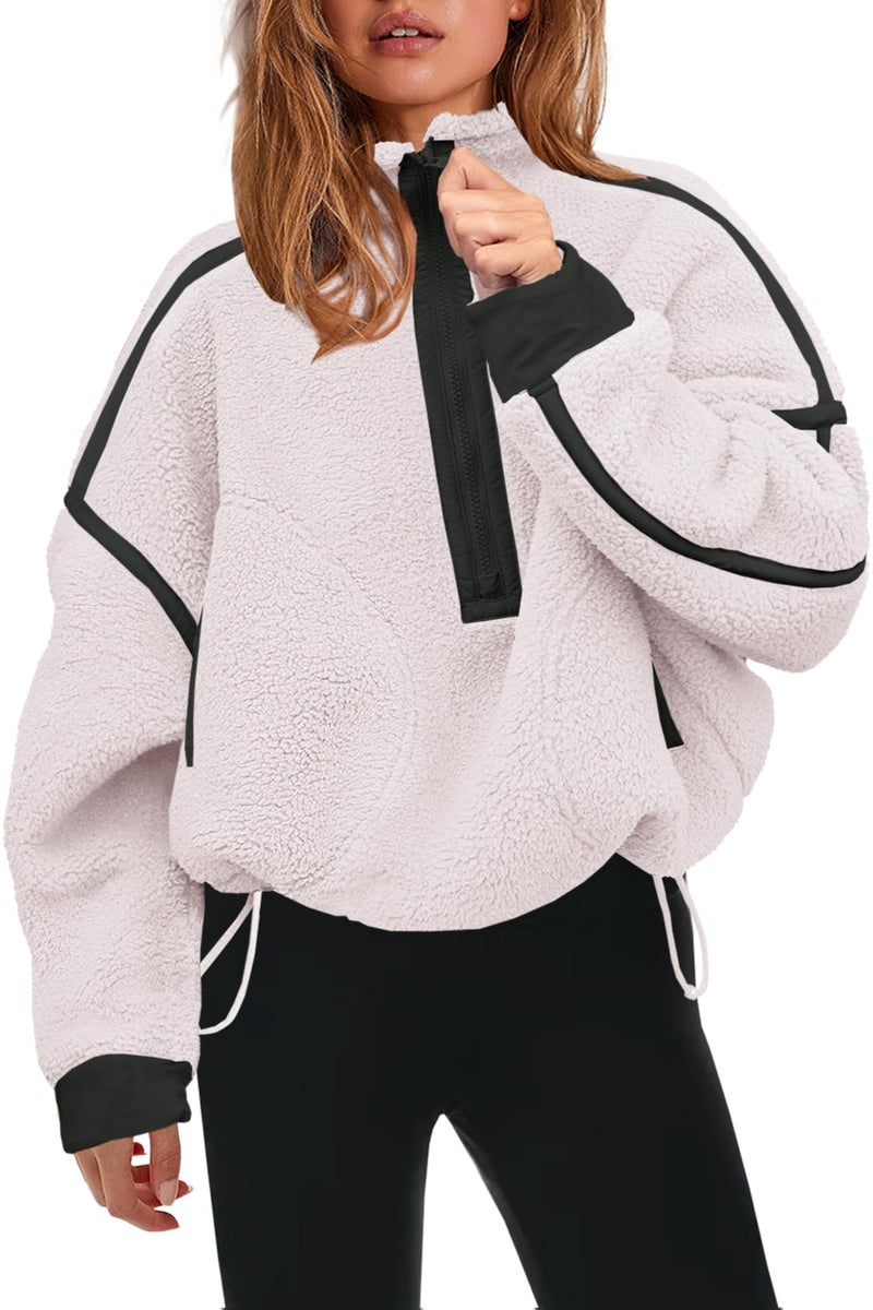 Panadila Womens Half Zip Sherpa Fleece Pullover Soft Oversized Sweatshirt with Pockets Warm Fuzzy Sweater (White,XL) - Image 1