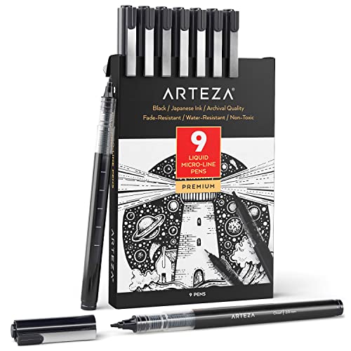 ARTEZA MicroLine Ink Pens Set of 9 Black Fineliners with Japanese Archival Ink Art Supplies for Comic Artists and Illustrators - Image 1