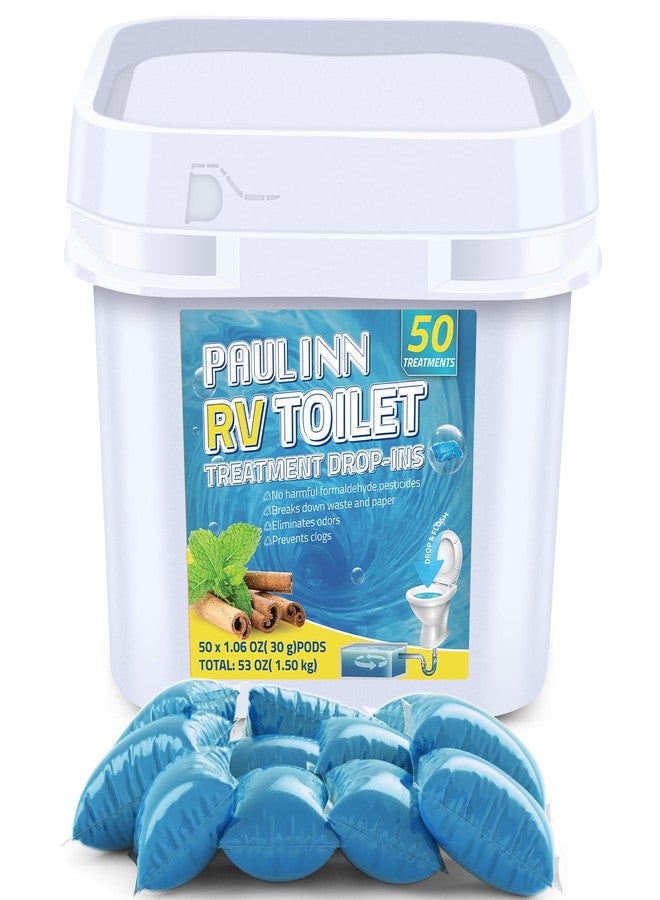 PAULINN RV Toilet Treatment Drop Ins, 50 Packs Holding Tank Deodorizer for RV Black & Grey Water Tank Camper Marine Boat Camping Portable Porta Potty Chemicals Break Down Waste, Septic Tank Safe, Blue - Image 1