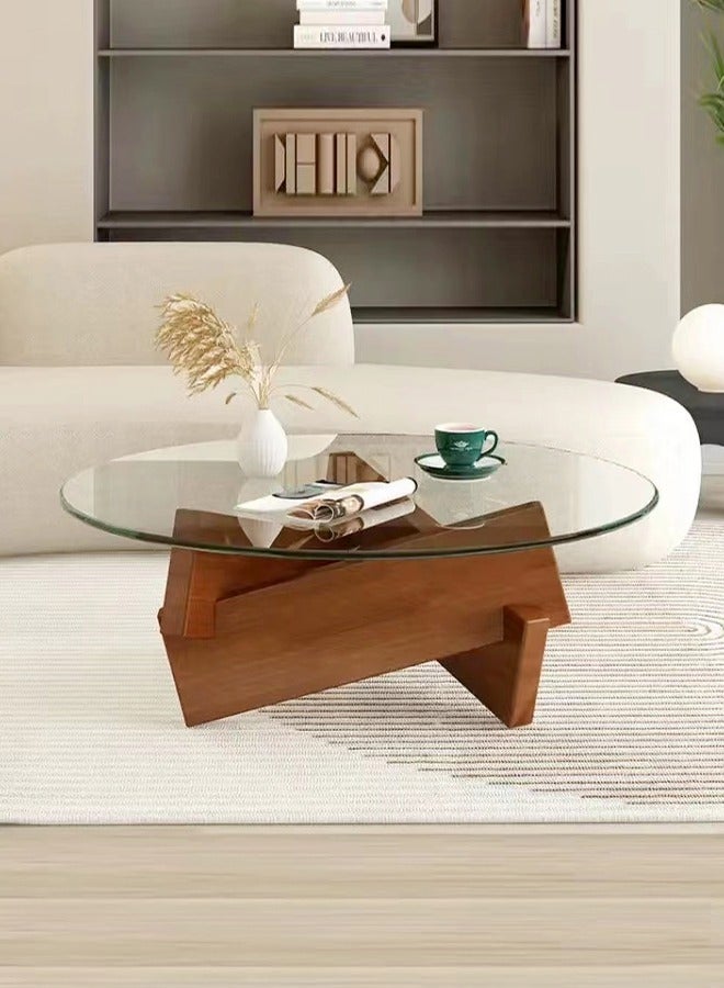 سي آند سي هوم قطعة واحدة من طاولة القهوة المستديرة ذات سطح زجاجي غير منتظم من الخشب بقاعدة هندسية للأريكة وطاولة جانبية لغرفة المعيشة وأثاث غرفة النوم والمكتب مقاس 80 × 30 سم - Image 1