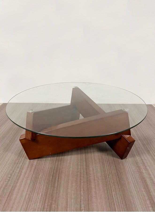 سي آند سي هوم قطعة واحدة من طاولة القهوة المستديرة ذات سطح زجاجي غير منتظم من الخشب بقاعدة هندسية للأريكة وطاولة جانبية لغرفة المعيشة وأثاث غرفة النوم والمكتب مقاس 80 × 30 سم - Image 2