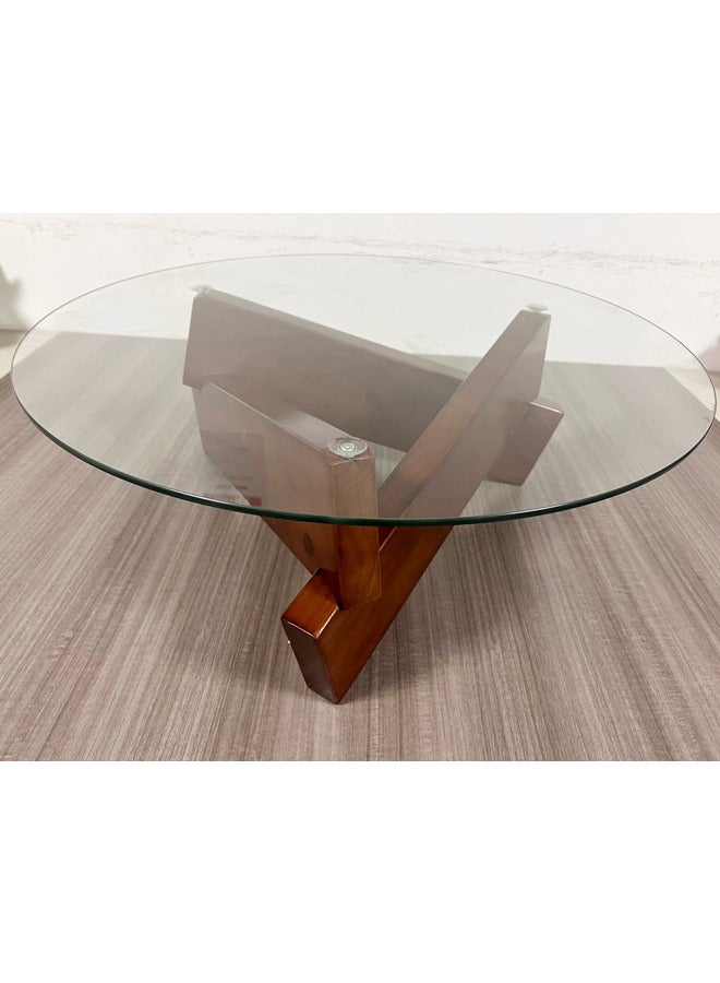 سي آند سي هوم قطعة واحدة من طاولة القهوة المستديرة ذات سطح زجاجي غير منتظم من الخشب بقاعدة هندسية للأريكة وطاولة جانبية لغرفة المعيشة وأثاث غرفة النوم والمكتب مقاس 80 × 30 سم - Image 4