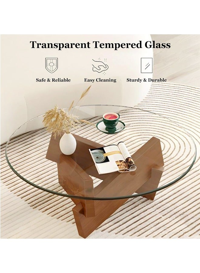 سي آند سي هوم قطعة واحدة من طاولة القهوة المستديرة ذات سطح زجاجي غير منتظم من الخشب بقاعدة هندسية للأريكة وطاولة جانبية لغرفة المعيشة وأثاث غرفة النوم والمكتب مقاس 80 × 30 سم - Image 5