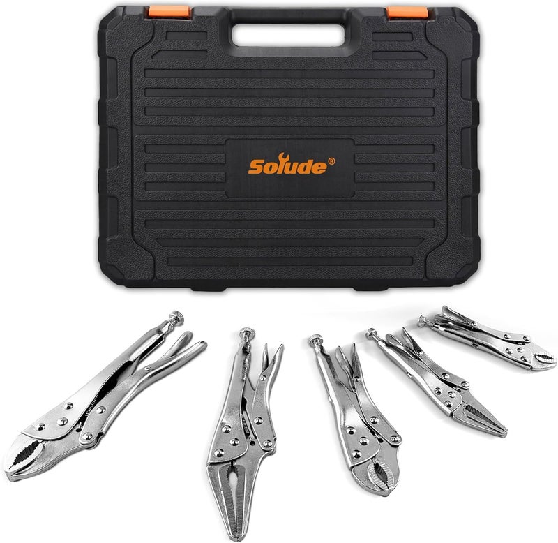 SOLUDE 5-Piece Heavy-Duty Locking Pliers Tool Set with Case, 5", 7" & 10" Curved Jaw Adjustable Vise Grip Pliers and 7" & 9" Long Nose Welding Clamps for DIY Projects,Mechanic and Woodworking - Image 1