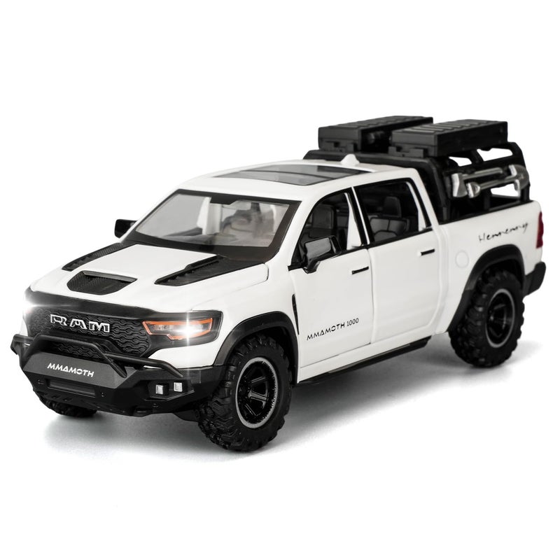 BDTCTK Dodge Ram Mammoth PickUp Truck Model Car Zinc Alloy Pull Back Toy car with Sound and Light for Kids Boy Girl GiftWhite - Image 3