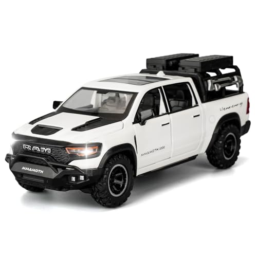 BDTCTK Dodge Ram Mammoth PickUp Truck Model Car Zinc Alloy Pull Back Toy car with Sound and Light for Kids Boy Girl GiftWhite - Image 1