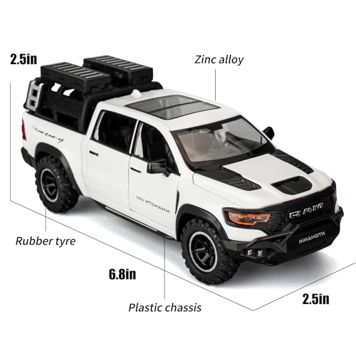 BDTCTK Dodge Ram Mammoth PickUp Truck Model Car Zinc Alloy Pull Back Toy car with Sound and Light for Kids Boy Girl GiftWhite - Image 5
