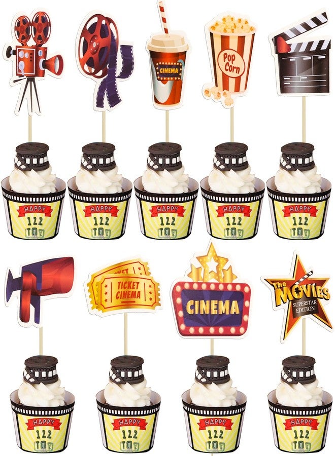 Ephlyn 36Pcs Movie Cupcake Toppers Double Sided Movie Night Roll Glasses Camera Popcorn Cupcake Picks Projector Cake Decorations for Baby Shower Kids Birthday Party Supplies - Image 1
