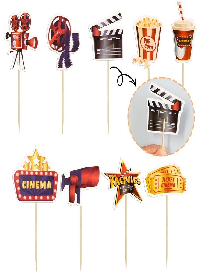 Ephlyn 36Pcs Movie Cupcake Toppers Double Sided Movie Night Roll Glasses Camera Popcorn Cupcake Picks Projector Cake Decorations for Baby Shower Kids Birthday Party Supplies - Image 3