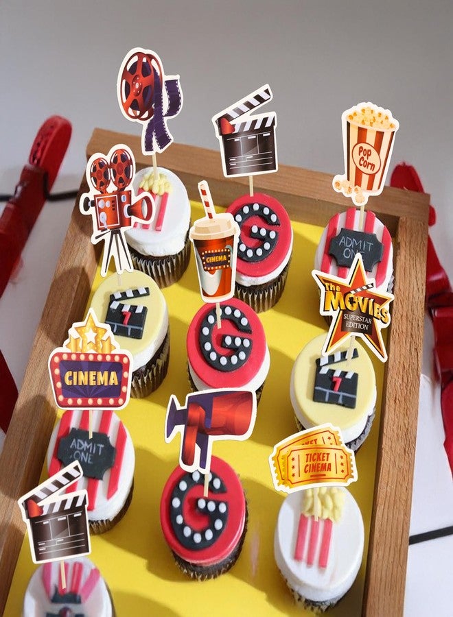 Ephlyn 36Pcs Movie Cupcake Toppers Double Sided Movie Night Roll Glasses Camera Popcorn Cupcake Picks Projector Cake Decorations for Baby Shower Kids Birthday Party Supplies - Image 4
