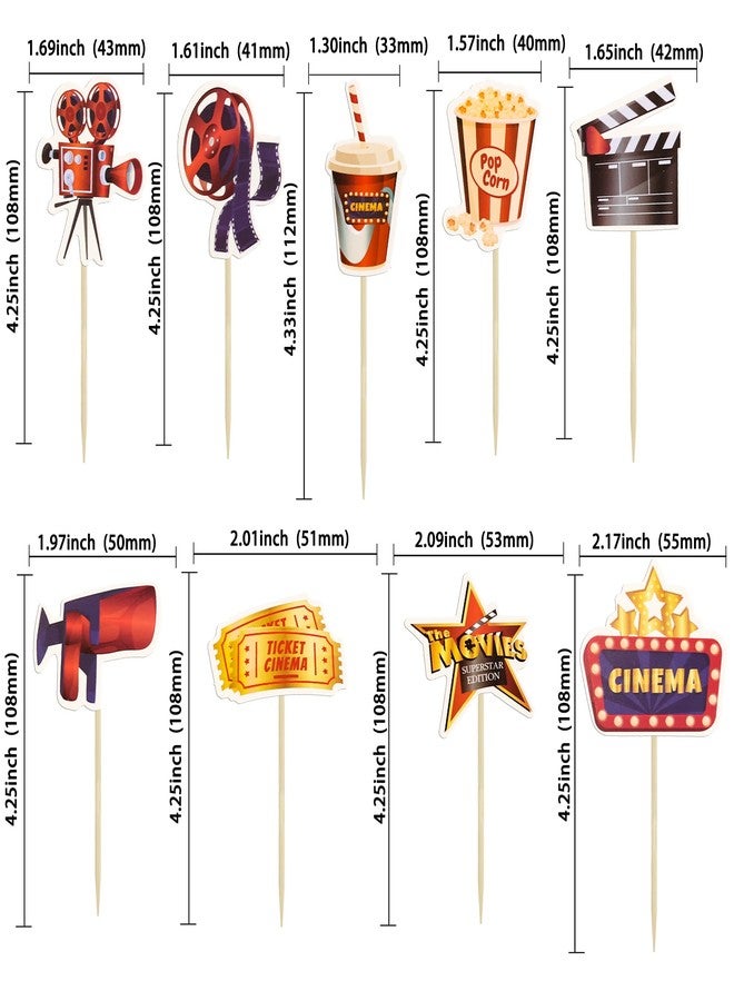 Ephlyn 36Pcs Movie Cupcake Toppers Double Sided Movie Night Roll Glasses Camera Popcorn Cupcake Picks Projector Cake Decorations for Baby Shower Kids Birthday Party Supplies - Image 2