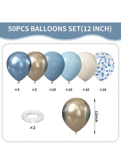 Sowide Dusty Blue Gold Balloons, 50Pcs 12 Inchs Blue And White Metallic Gold Confetti Neutral Balloons For Boys Baby Shower Birthday Party Boho Wedding Anniversary Bridal Engagement Graduation Decorations  - Image 2