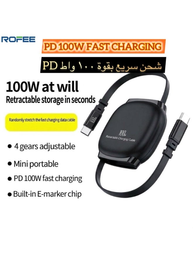 Rofee 506 C 100W 1 Meter TYPE C to TYPE C Cable,Retractable Portable Type C Fast Charging Cord Compatible with iPhone and Samsung Galaxy Series (Black) - Image 1