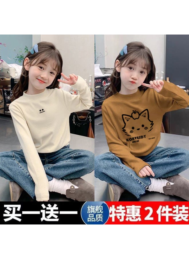 Girls' Double-sided Velvet Long-sleeved T-shirt New Medium And Large Children's Outer Wear Pullover Half Turtleneck Warm Base Layer Shirt