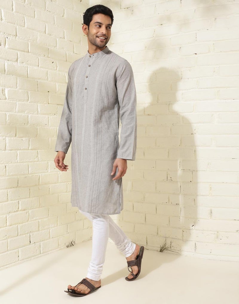 Fabindia Grey Cotton Embroidered Slim Fit Long Kurta - Image 3
