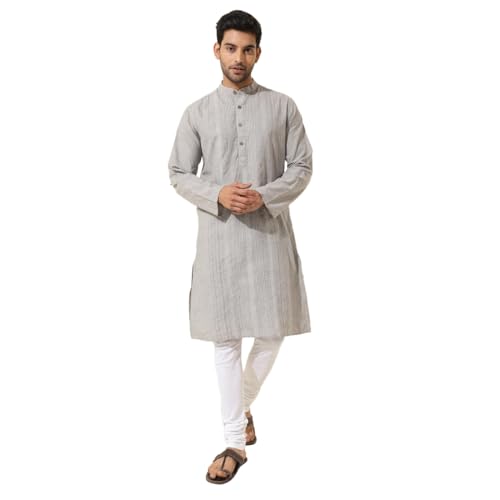 Fabindia Grey Cotton Embroidered Slim Fit Long Kurta - Image 1