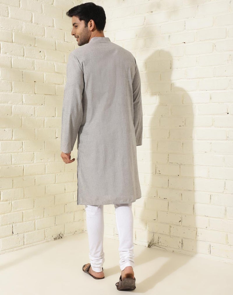 Fabindia Grey Cotton Embroidered Slim Fit Long Kurta - Image 4