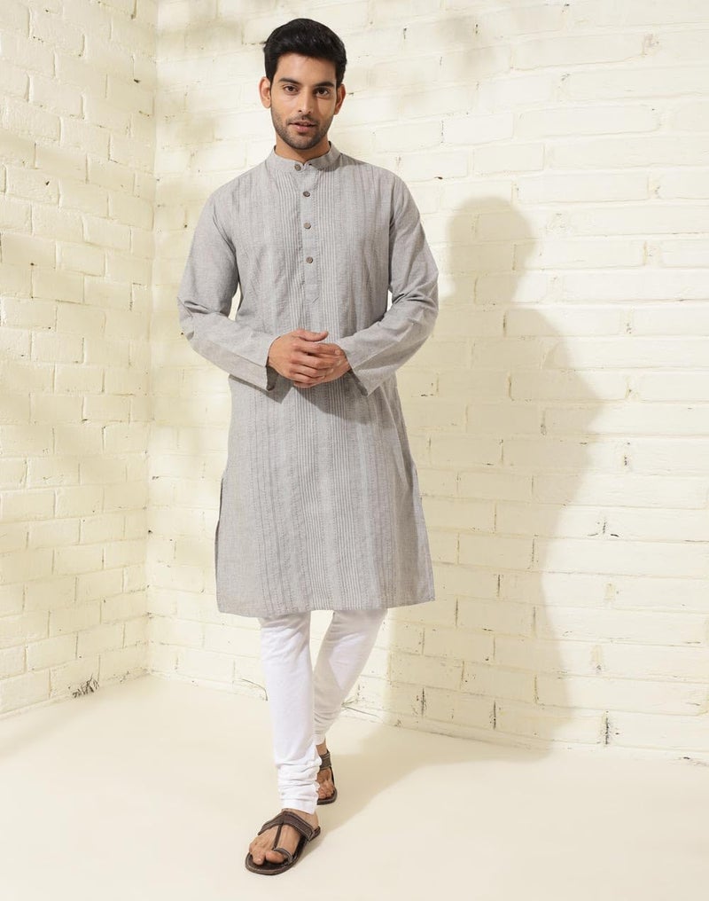 Fabindia Grey Cotton Embroidered Slim Fit Long Kurta - Image 2