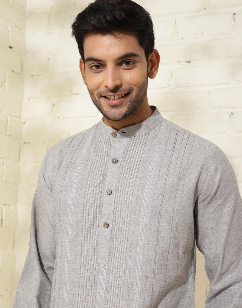Fabindia Grey Cotton Embroidered Slim Fit Long Kurta - Image 5