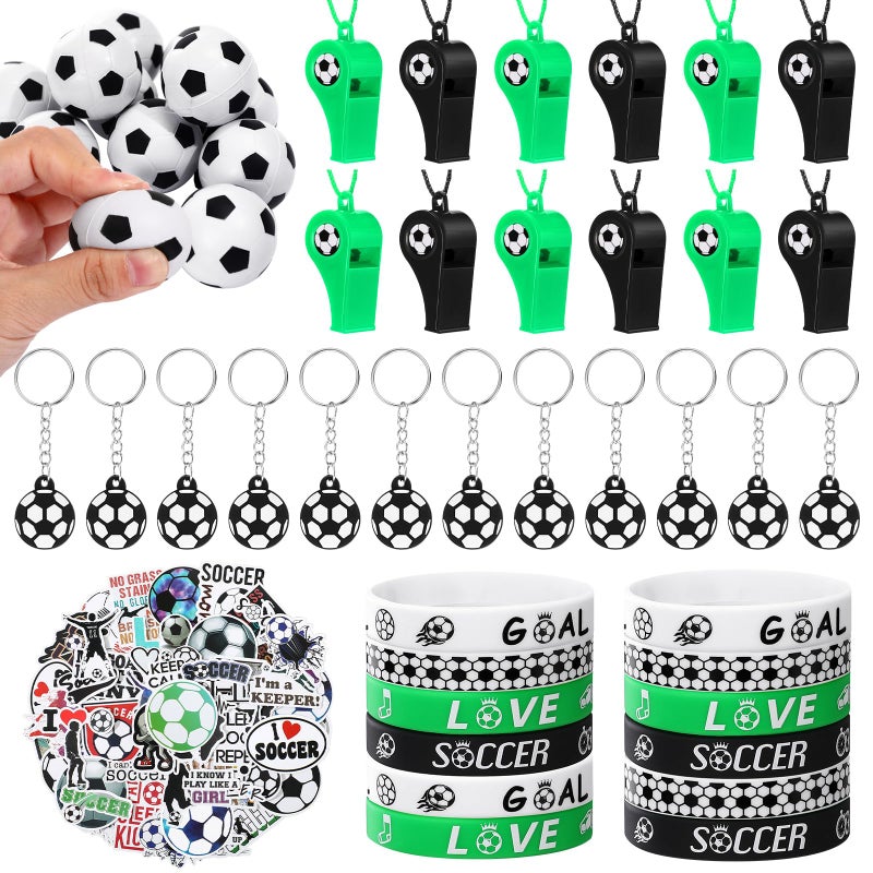 Aoriher 108 Pcs Soccer Party Favors Set Soccer Party Themed Goodie Bag Fillers Mini Soccer Balls Whistle Silicone Bracelet Tattoo Sticker Temporary Keychain for Sport Party Supplies - Image 1
