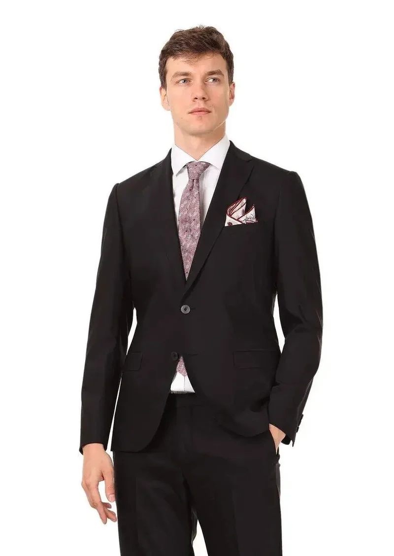 RAMSEY Black Plain Regular Fit Wool Blended Suit