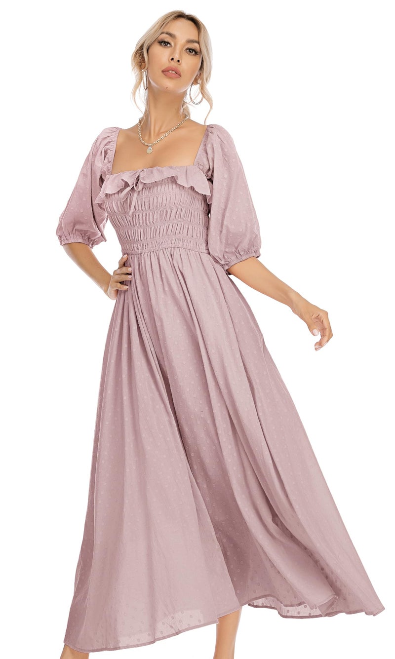 R.Vivimos Women Summer Half Sleeve Cotton Ruffled Vintage Elegant Backless A Line Flowy Long Dresses (Medium, Mauve-1) - Image 1
