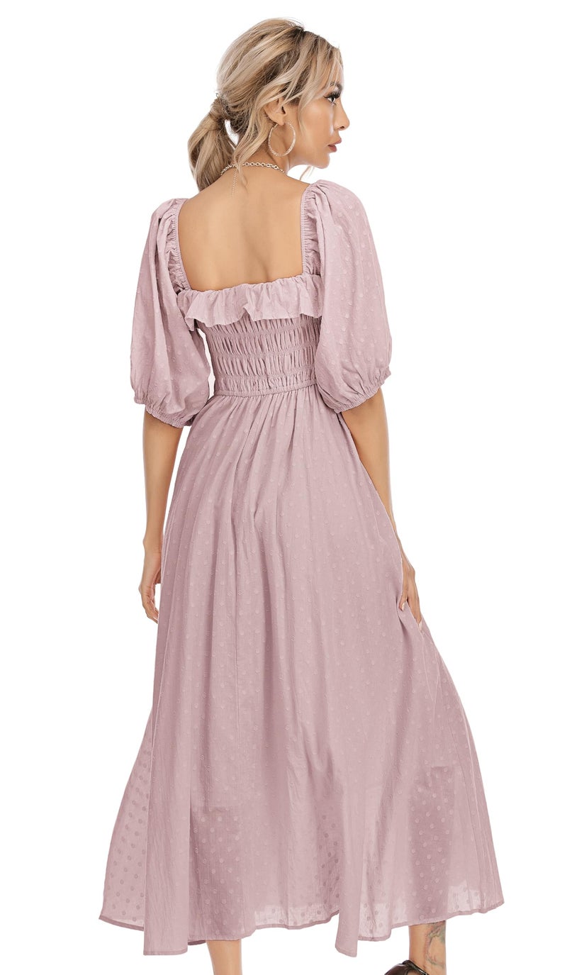 R.Vivimos Women Summer Half Sleeve Cotton Ruffled Vintage Elegant Backless A Line Flowy Long Dresses (Medium, Mauve-1) - Image 2