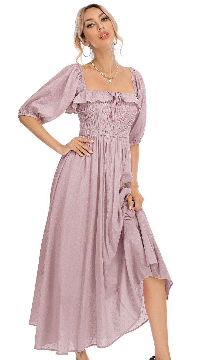 R.Vivimos Women Summer Half Sleeve Cotton Ruffled Vintage Elegant Backless A Line Flowy Long Dresses (Medium, Mauve-1) - Image 3
