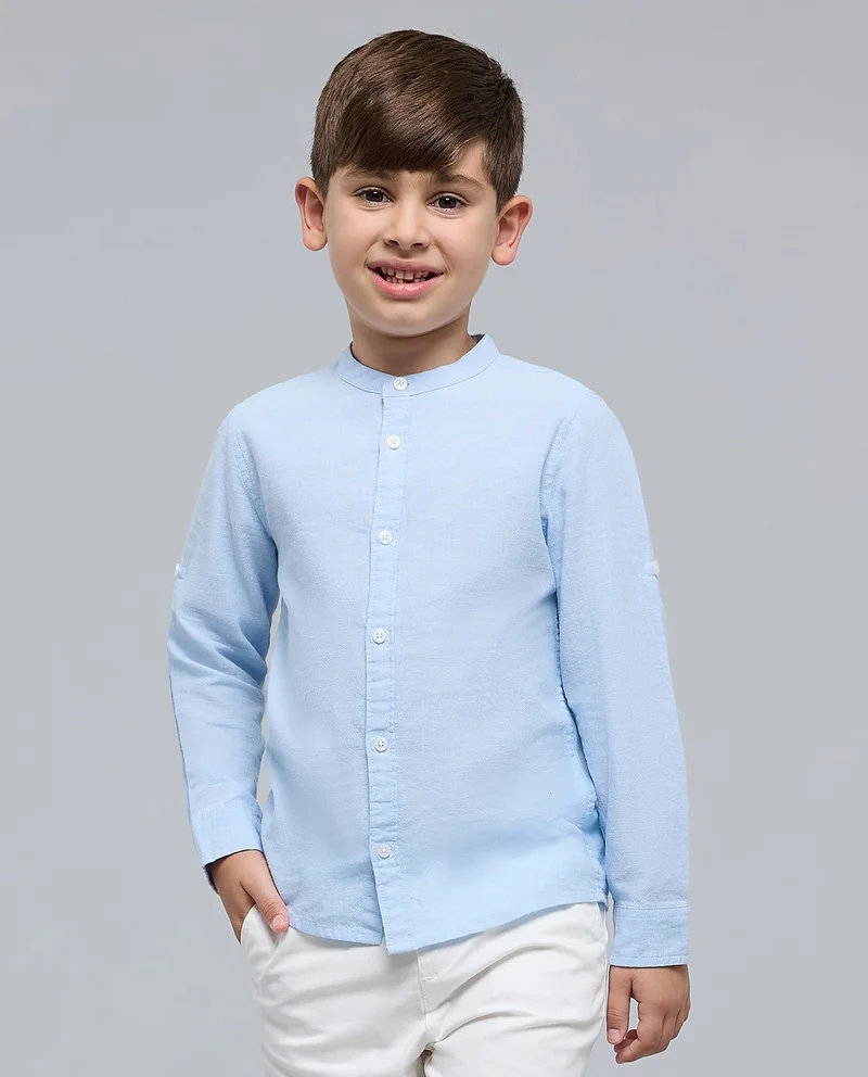 R&B Solid Shirt with Mandarin Collar and Long Sleeves