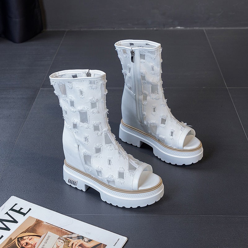 New Denim Inner Heightening Mesh Shoes For Women, Casual Ripped Fish Mouth Sandals For Women, Side Zipper Mesh Breathable Short Boots, Trendy - Image 1