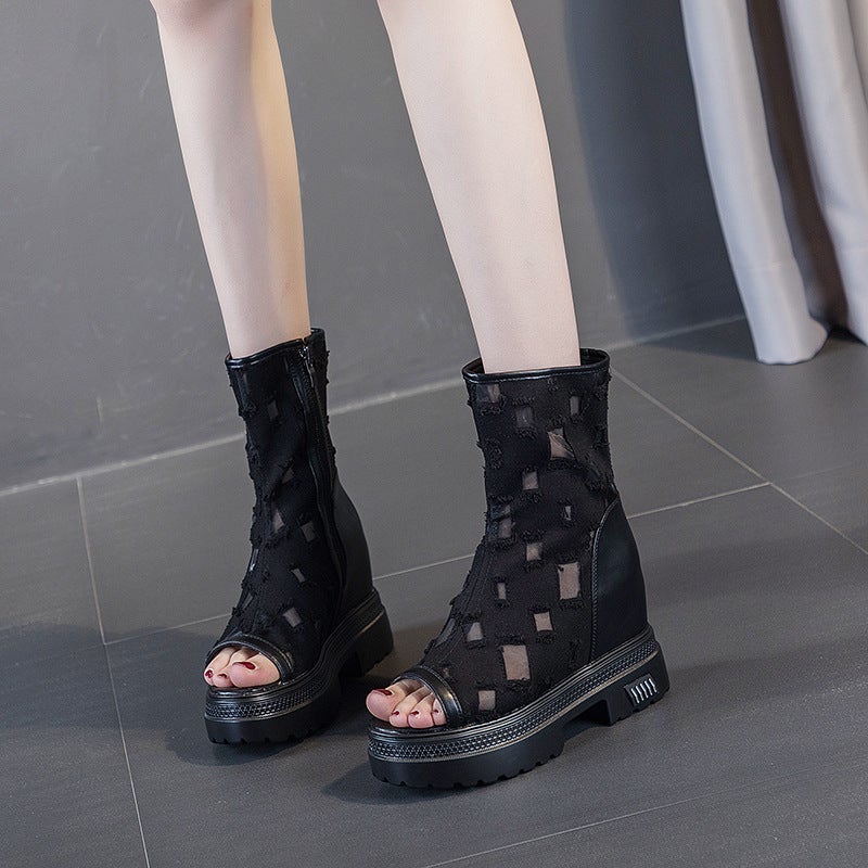 New Denim Inner Heightening Mesh Shoes For Women, Casual Ripped Fish Mouth Sandals For Women, Side Zipper Mesh Breathable Short Boots, Trendy - Image 5