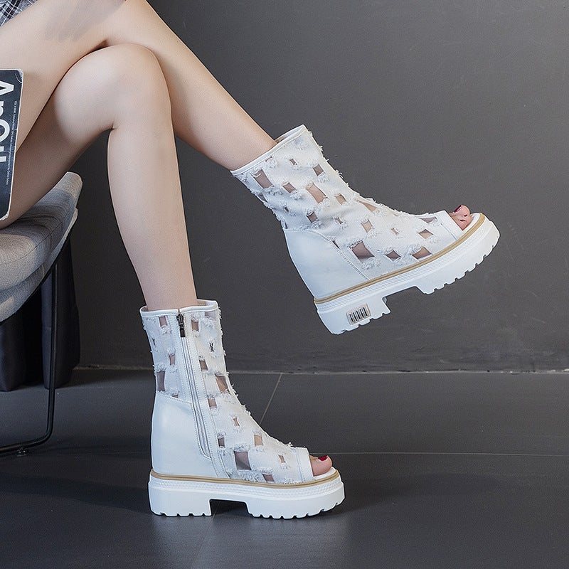 New Denim Inner Heightening Mesh Shoes For Women, Casual Ripped Fish Mouth Sandals For Women, Side Zipper Mesh Breathable Short Boots, Trendy - Image 2
