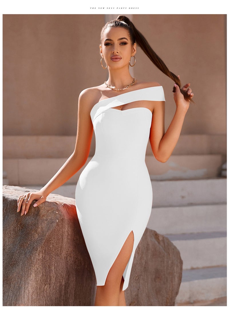 Loquat Women's WhiteOne Shoulder Bandage Dresses For Women Wedding Guest Formal Midi Dress  - Image 1