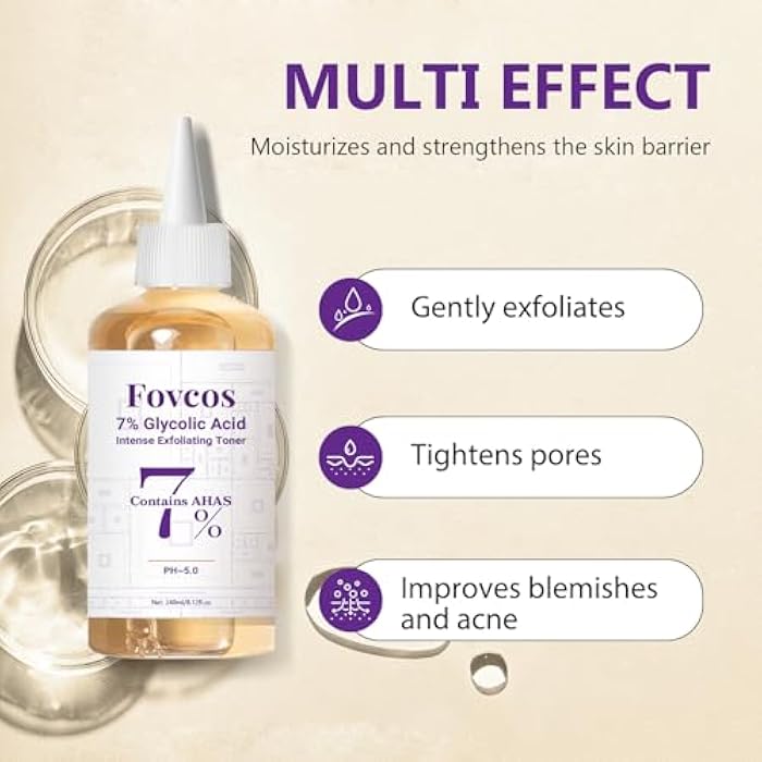 Fovcos 7% Glycolic Acid Exfoliating Toner, Exfoliating Skin Care Facial Toner, Improves Texture, Reduces Breakouts Pores and Fine Lines, Suitable for All Skin Types - Image 3