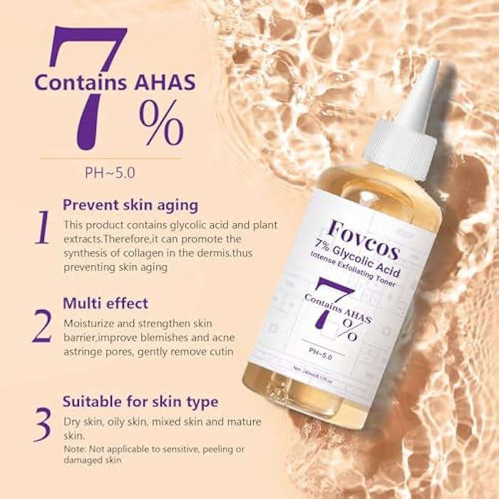 Fovcos 7% Glycolic Acid Exfoliating Toner, Exfoliating Skin Care Facial Toner, Improves Texture, Reduces Breakouts Pores and Fine Lines, Suitable for All Skin Types - Image 2