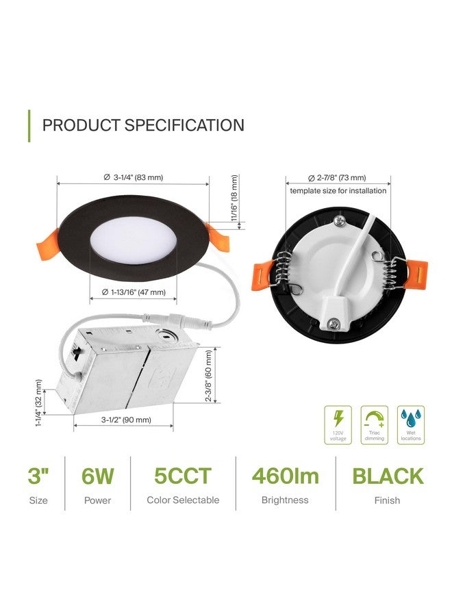 ASD 6 Pack 3 Inch LED Recessed Light, 5 CCT 2700K-5000K, 6W 30W Eqv, Ultra Thin Dimmable Ceiling Lights with J Box, Canless Wafer Downlight, Round Slim Panel Lighting, UL Energy Star, Black - Image 1