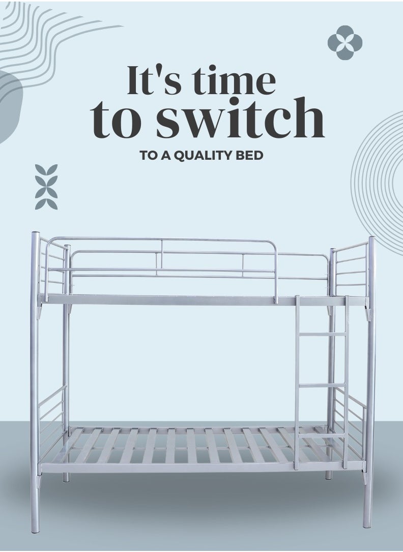 AFT - Heavy-Duty Metal Bunk Bed for Home and Labor Camps – Sturdy Steel Frame with Safety Guardrails, Ladder, and Space-Saving Design in Sleek Silver Finish 36 kg (Arfan) - Image 1