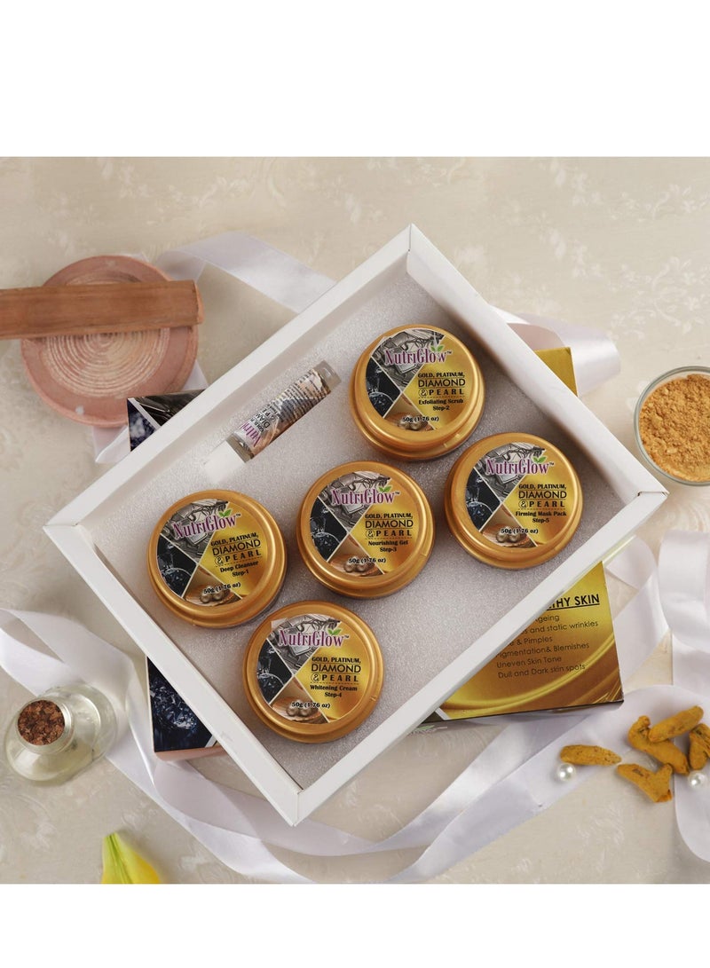 NutriGlow Platinum Diamond Gold and Pearl Facial kit 6-Pieces Skin Care Kit For Women, 250 gm+10ml - Image 2