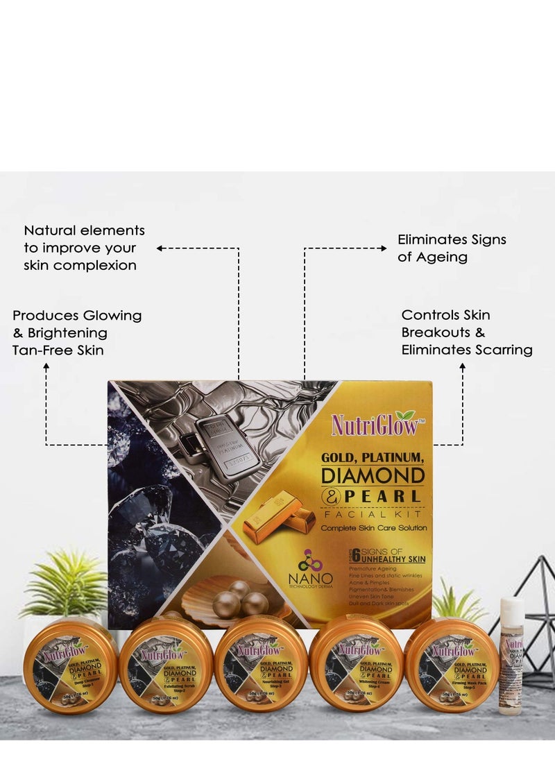 NutriGlow Platinum Diamond Gold and Pearl Facial kit 6-Pieces Skin Care Kit For Women, 250 gm+10ml - Image 3