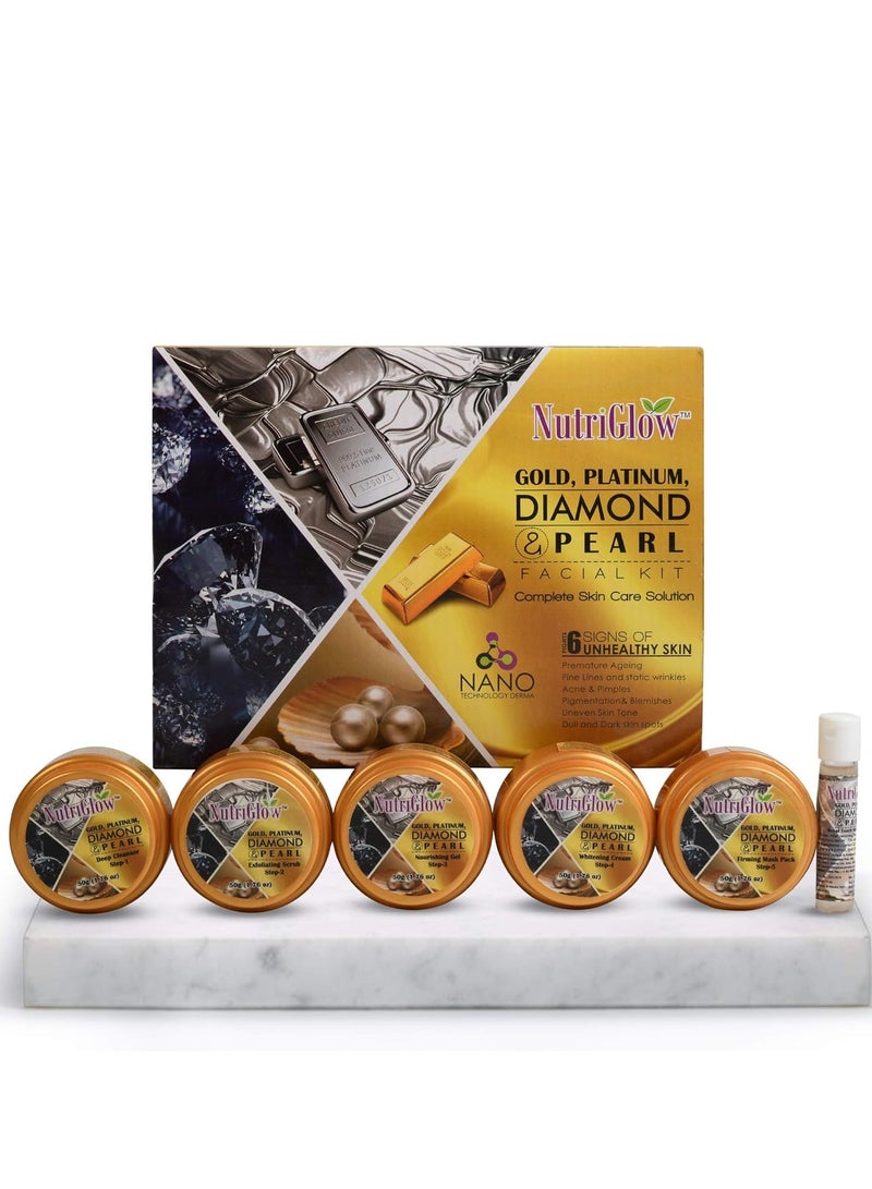 NutriGlow Platinum Diamond Gold and Pearl Facial kit 6-Pieces Skin Care Kit For Women, 250 gm+10ml - Image 1
