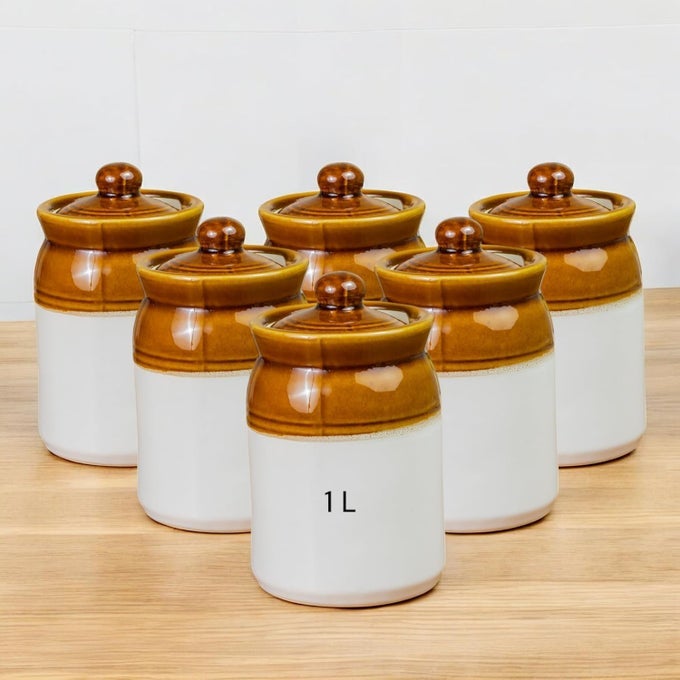 CERAMIC ACHAAR JAR SET 1 KG 1000 ML X 6 MARTBAN PICKLE CONTAINER KITCHEN STORAGE FOR PICKLE CHUTNEYS AND SAUCES DURABLE AND EASY TO CLEAN PACK OF 6 1 KG BROWN JAR SET