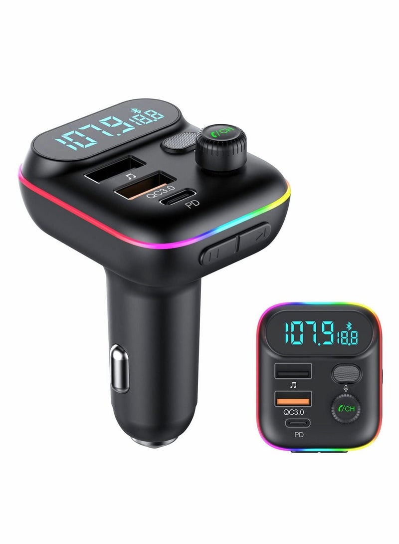 Captaintech Bluetooth V5.0 FM Transmitter for Car QC3.0 Fast Charging RGB Rainbow Flow LED Backlit - Image 1