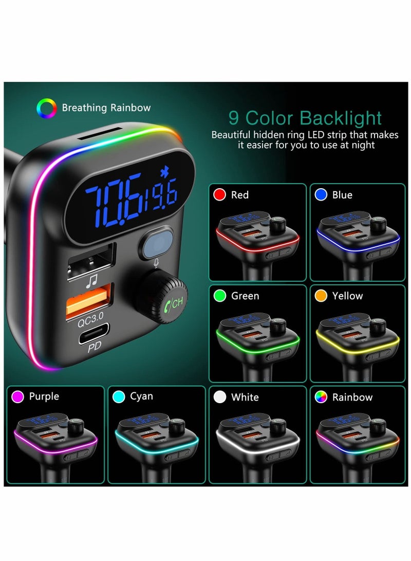Captaintech Bluetooth V5.0 FM Transmitter for Car QC3.0 Fast Charging RGB Rainbow Flow LED Backlit - Image 3
