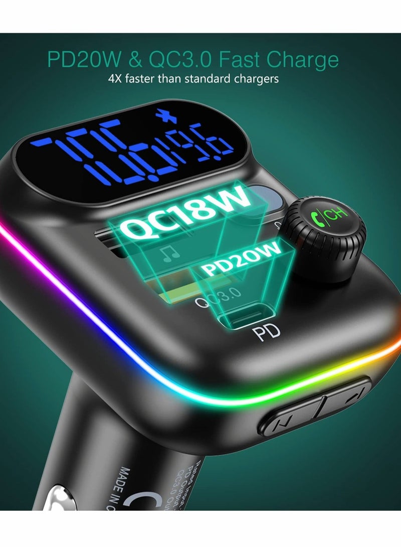 Captaintech Bluetooth V5.0 FM Transmitter for Car QC3.0 Fast Charging RGB Rainbow Flow LED Backlit - Image 2