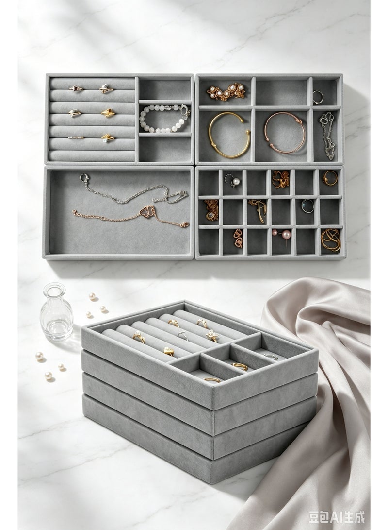 Makanak Tools 4-Piece Velvet Jewelry Organizer, Stackable Drawer Inserts, Beige Vanity Display Set, Soft Protection for Rings & Necklaces, Elegant Storage Solution - Image 2