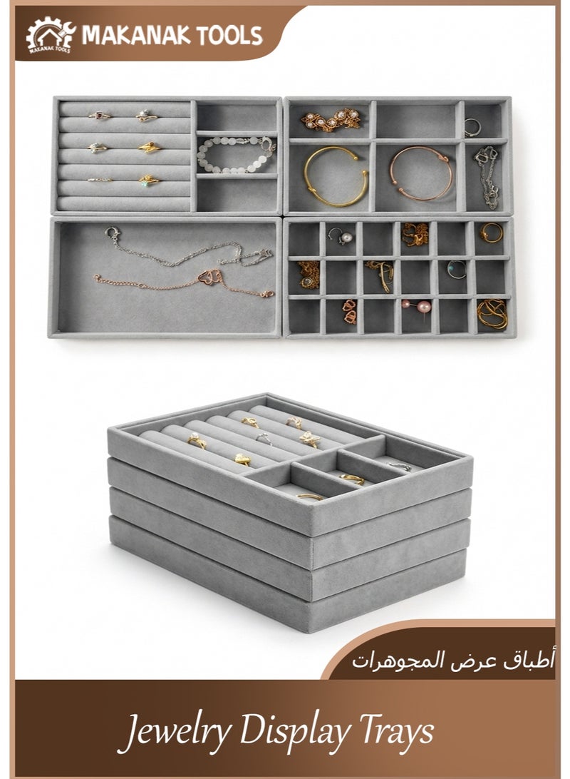 Makanak Tools 4-Piece Velvet Jewelry Organizer, Stackable Drawer Inserts, Beige Vanity Display Set, Soft Protection for Rings & Necklaces, Elegant Storage Solution - Image 1