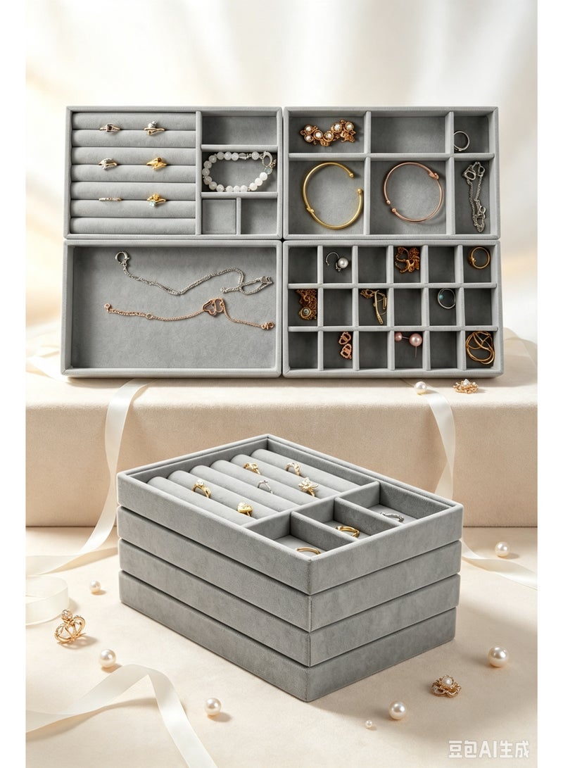 Makanak Tools 4-Piece Velvet Jewelry Organizer, Stackable Drawer Inserts, Beige Vanity Display Set, Soft Protection for Rings & Necklaces, Elegant Storage Solution - Image 3