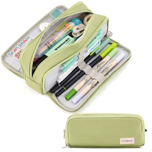 CICIMELON Large Capacity Pencil Case 3 Compartment Pouch Pen Bag for School Teen Girl Boy Men Women (Green) - Image 1